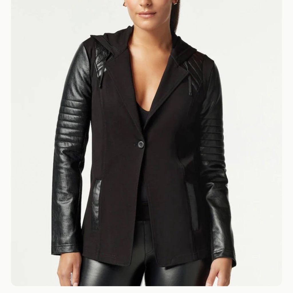 Blanc Noir Black Hooded Blazer With Leather Accents